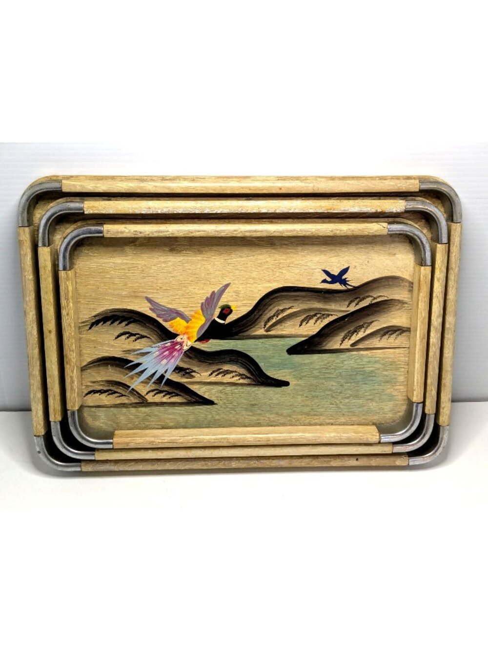 VTG. Mcm Wood & Metal Nesting Trays With Hand-Painted Birds Set Of 3
